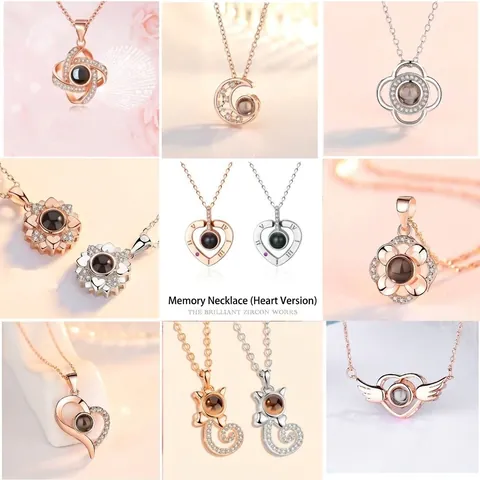Romantische Multi Sprache Projektionshalskette Kupfer Zirkonia Eingelegt Herz Mond Klee Anhänger Schmuck Für Frauen