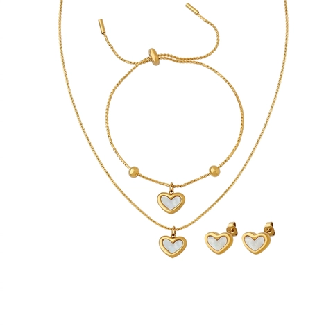 Collana Bracciale Orecchini Pendente Cuore Acciaio Al Titanio Madreperla Bianca Placcato Oro Gioielli Eleganti Donna