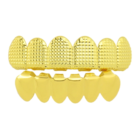 Hip Hop Gold Plated Teeth Grillz For Men Women Copper Metal Textured Grid Design Top Bottom Tooth Grills Party Jewelry Gift