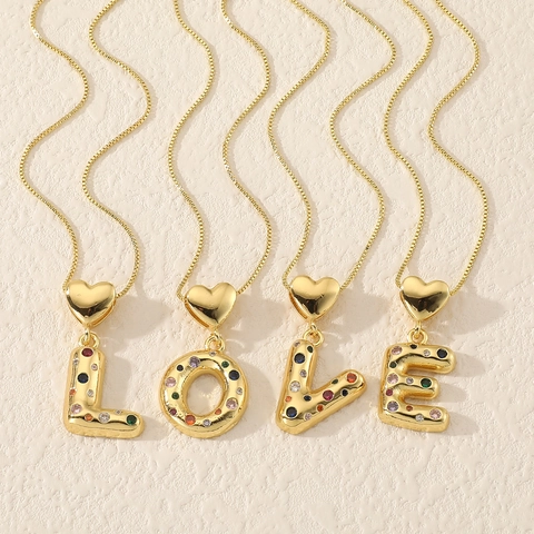 Copper Heart Initial Pendant Necklace With Colorful Zirconia 26 Alphabet Letter Clavicle Chain Jewelry Gift For Women