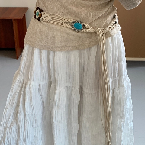 Bohemian Braided Waist Chain Belt Handmade Wax Rope With Synthetic Turquoise Wood Beads Tassels Ethnic Retro For Women