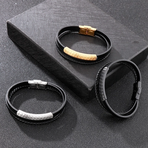 Pulsera Para Hombre De Cuero Trenzado Con Cierre Magnético De Acero Inoxidable Multicapa Punk Retro Joyería De Moda