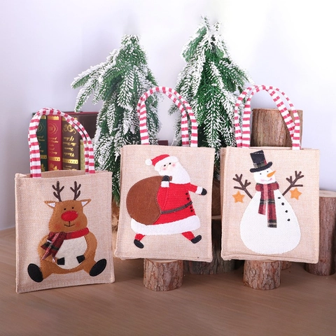 Weihnachts-Geschenkbeutel Aus Jute Karikatur Weihnachtsmann Schneemann Rentier Tragetasche Leinen Urlaub Party Deko