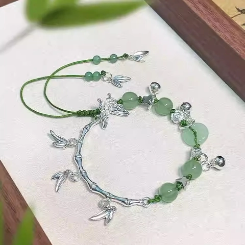 Bracciale Stile Cinese Vintage Lega Zinco Perle Resina Verde Farfalla Campanello Ciondoli Corda Regolabile Gioielli Donna