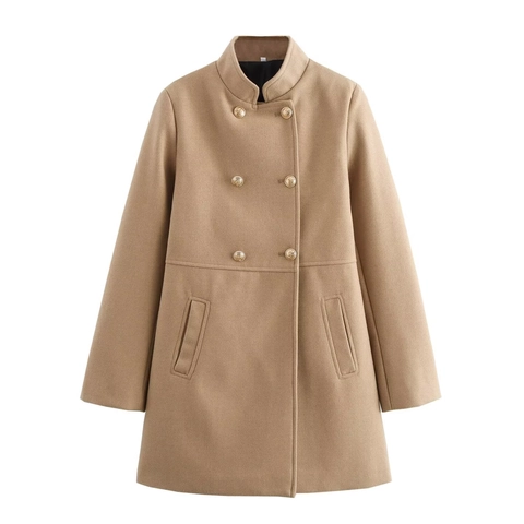 Women Double Breasted Long Wool Blend Coat Stand Collar Elegant Office Lady Warm Outerwear Slim Fit Casual Solid Color