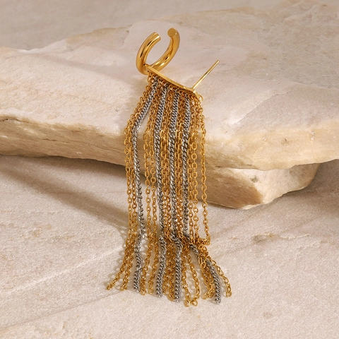 Stainless Steel Tassel Ear Cuff Gold Silber Zweifarbig Lange Kette Wasserfall Clip On Ohrringe Punk Schmuck