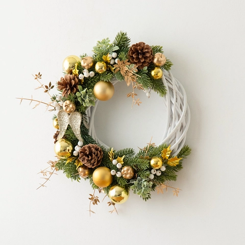 Ghirlanda di Natale in Vimini di Salice Bianco Con Pigne Bacche Piante Simulate Stile Nordico Decorazione da Appendere per Porta d'Ingresso Parete di Casa