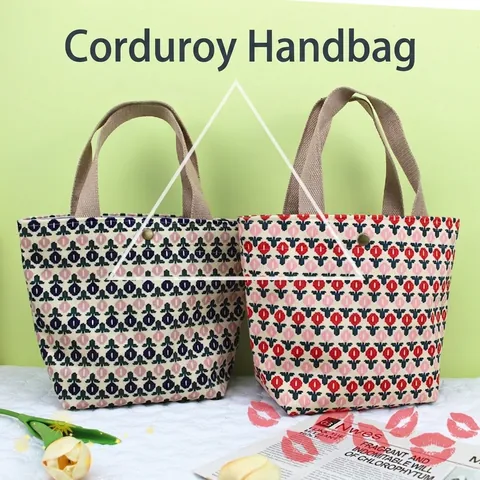 Corduroy Handtas Retro Geblokte Florale Smiley Print Kleine Draagtas Lunchtas Voor Vrouwen Casual Forens Carry