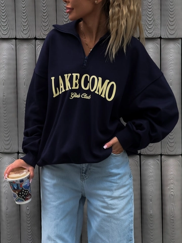 Sweatshirt Femme Bleu Marine Coton Demi Zip Imprimé Lettres Oversize Rétro Décontracté Haut À Manches Longues