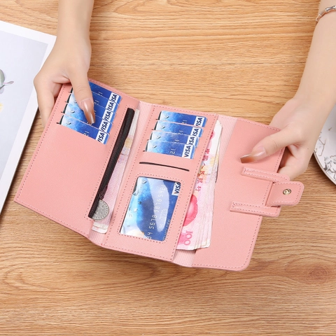 Women Long Wallet PU Leather Tri-Fold Flap Buckle Litchi Grain Multi Card Slots Zipper Pocket Chic Simple Daily Handbag