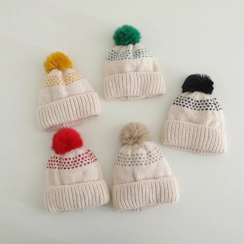 Kids Winter Knit Beanie Hat Large Pom Pom Jacquard Heart Pattern Thermal Soft Warm Ribbed Cuff For Boys Girls