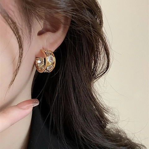 Pendientes de Aro de Cobre en Forma de C Vintage Francés para Mujer Chapados en Oro con Strass Joyería de Moda Regalo