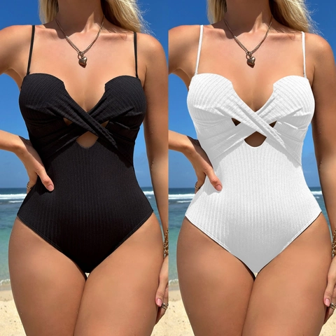 Sexy Ribbed One-Piece Swimsuit For Women Twist Front Cut Out Backless High Cut Bathing Suit Monokini Beachwear
