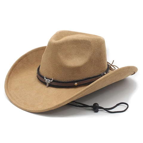 Western Cowboy Hat Suede Felt With Metal Cow Head Skull Decor Riveted Leather Band Adjustable Wind Rope Vintage Jazz