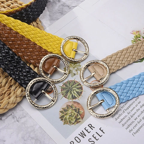 Women Woven PU Leather Belt With Round Gold Metal Buckle Candy Colors Fashion Braided Waist Strap For Dresses Jeans