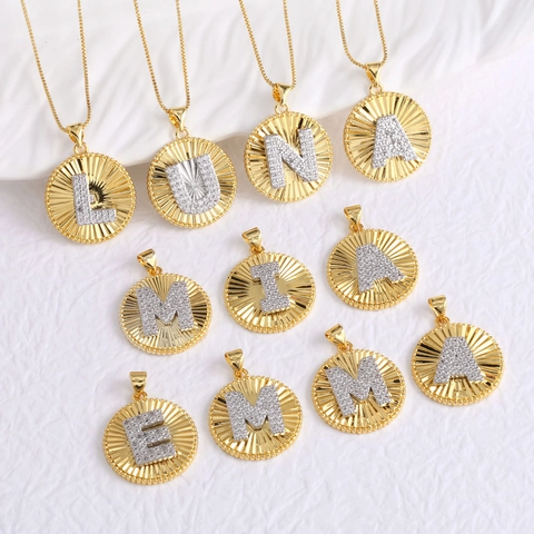 Alphabet Initial Necklace Copper Gold Plated Round Medallion Sunburst Texture Cubic Zirconia Clavicle Chain Elegant Women
