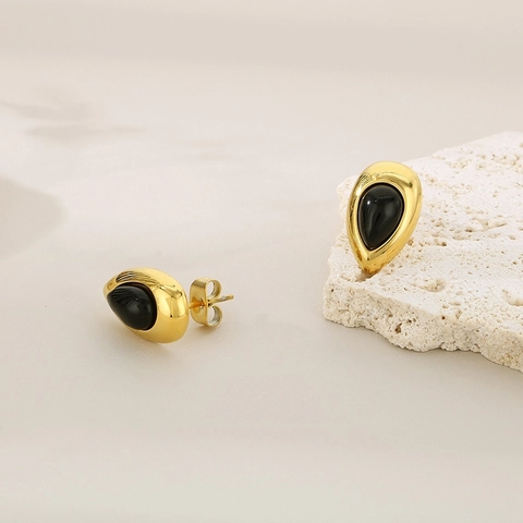 Pendientes De Botón Con Forma De Gota De Acero Inoxidable Y Piedra Ojo De Gato Negra Joyería Minimalista Vintage Para Mujer