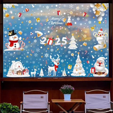 Christmas Window Static Stickers PVC Double Sided Color Reusable Santa Snowman Reindeer Snowflake Glass Decals Home Decor