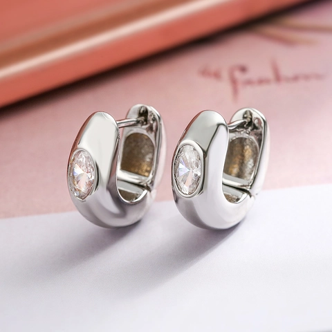 Elegant Copper Gold Plated Huggie Earrings With Oval Zircon Geometric Hoop Simple Jewelry For Women