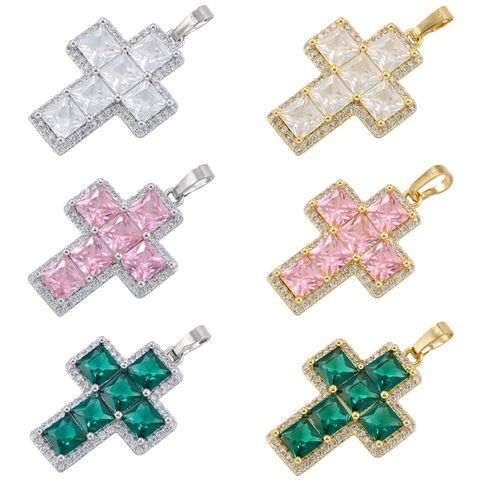 Colorful Zircon Cross Pendant Copper Square Stones Iced Out Hip Hop DIY Jewelry Charm Accessory Religious Fashion For Women