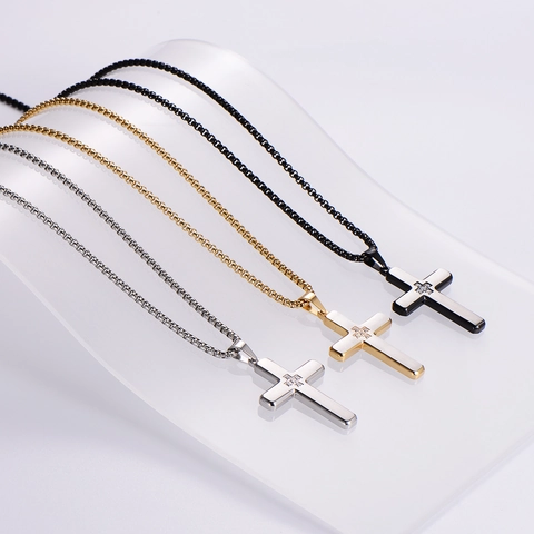 Collar Con Colgante De Cruz De Acero Inoxidable 316L Con Cristales Joyería De Moda Hip Hop Religiosa