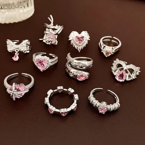 Fashion Adjustable Open Ring Copper Zircon Heart Flower Butterfly Geometric Jewelry Pink Silver Tone For Women Girls