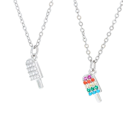 Western Fashion Copper Popsicle Pendant Necklace For Women Zirconia Inlaid Ice Cream Shape Gold Silver Color Rhinestone Clavicle Chain Jewelry