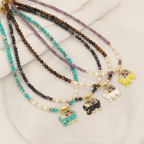 Collier Pendentif Éléphant Perles En Pierre Naturelle Zircon Coloré Cuivre Émail Boho Bijoux Faits Main Pour Femmes