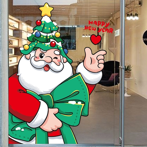 Pegatinas Navidad Ventana Estáticas Papá Noel Dibujos Animados Con Sombrero Árbol Navidad Lazo Verde Decoración