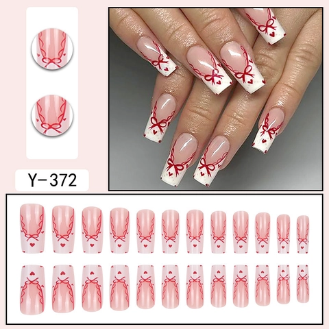 French Tip Press On Nails Long Square Red Bow Heart Pattern Sweet Ballet Style Artificial Fake Nails For Women Manicure