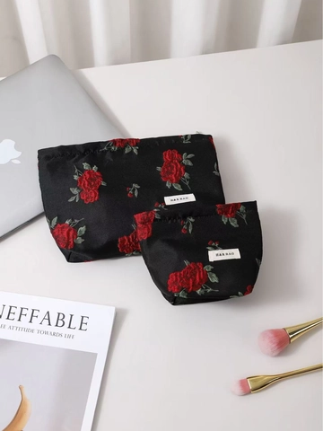 Vintage Rose Jacquard Cosmetic Bag For Women Portable Makeup Storage Pouch Travel Toiletry Case Zippered Elegant