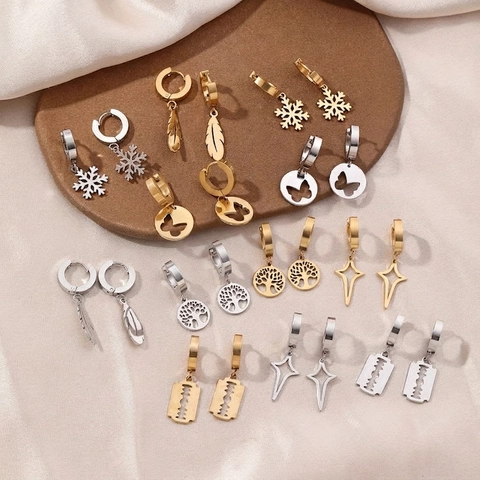 Boucles D'oreilles Créoles En Acier Inoxydable Pour Femmes Breloques Papillon Flocon De Neige Étoile Plume Lame Bijoux