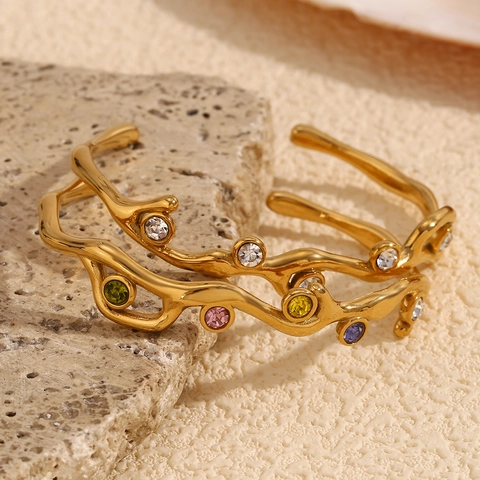 Irregular Organic Wave Branch Cuff Bracelet 18K Gold Plated Stainless Steel With Colorful Round Zircon For Women