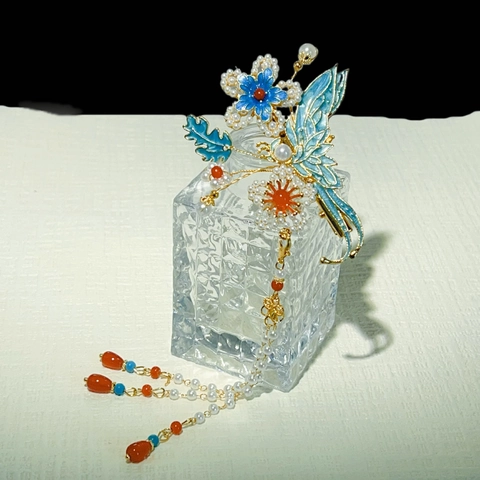 Pinza Para El Cabello Vintage Mariposa Flor Aleación Esmalte Perla Artificial Borla Larga Horquilla Estilo Antiguo Mujeres Azul
