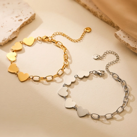 Bracelet à Breloques en Cœur en Acier Inoxydable pour Femme Plaqué Or Argent Délicat Minimaliste Chaîne à Maillons Réglable Bijoux de Mode