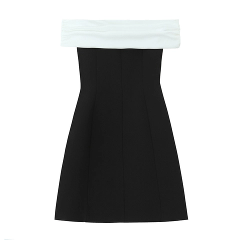 Vestido Midi De Mujer En Bloque De Color Blanco Y Negro Sin Tirantes Top Tubo Fruncido Ajustado Elegante Bodycon