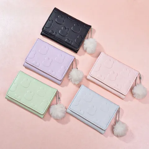 Portafoglio Piccolo Pieghevole Da Donna Kawaii Pelle PU Porta Carte Portamonete Coniglio Goffrato Con Pompon Dolce Ragazze