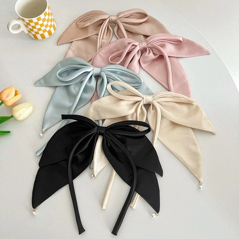 Oversized Bow Hair Clip Satin Fabric Long Streamer With Artificial Pearl Pendant Elegant Solid Color Spring Clip Hairpin For Women