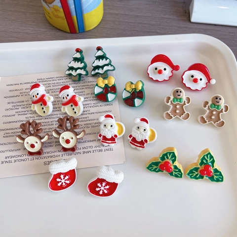 Christmas Stud Earrings Santa Reindeer Snowman Enamel Alloy Cartoon Jewelry For Women With 925 Sterling Silver Earring Post
