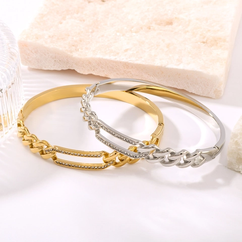 Vintage Rechteck Hohlmuster Armreif Edelstahl 18K Vergoldet Panzerkette Strass Armband Für Damen