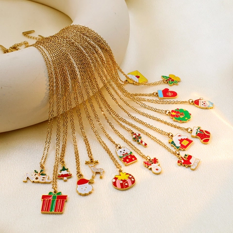 Christmas Pendant Necklace Stainless Steel Enamel Santa Claus Reindeer Snowman Holiday Jewelry For Women Gold Tone