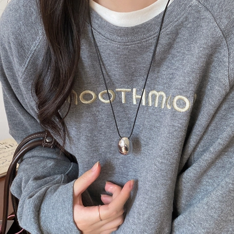 Irregular Oval Pendant Long Necklace Alloy Silver Black Leather Cord Beaded Chain Minimalist Style For Women