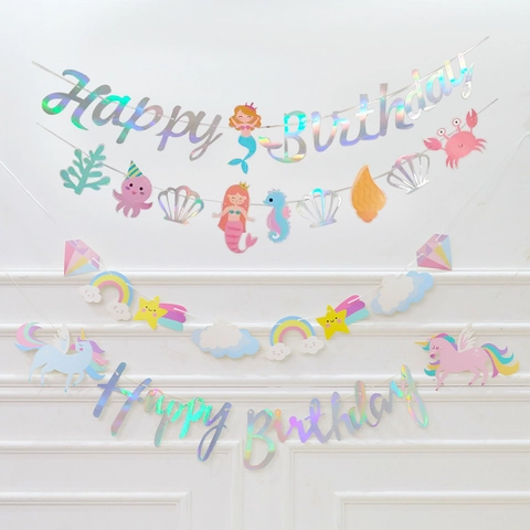Happy Birthday Banner Holographic Paper Garland For Birthday Party Decoration Unicorn Mermaid Theme For Kids Girls