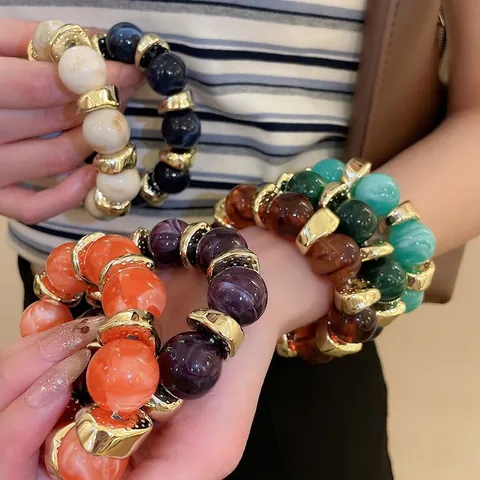 Bracciale Di Perline Trama Marmorizzata Resina Acrilica Con Elementi Metallici Dorati Irregolari Boho Retrò Elastico Donna