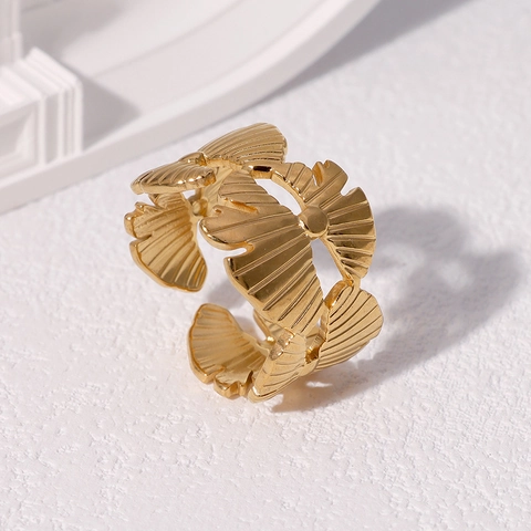 Anillo Abierto De Hoja De Ginkgo Acero Inoxidable Chapado En Oro De 18K Ajustable Joyería Minimalista Para Mujeres