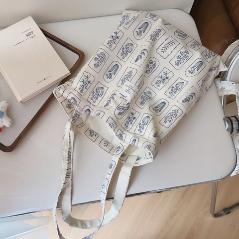 Floral Print Tote Bag Cotton Canvas Literary Korean Style Vintage Shoulder Handbag Open Top For Women