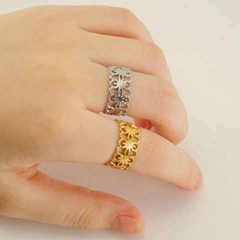 Anillo De Flor Calado Acero De Titanio Ajustable Banda Abierta Joyería De Moda Geométrica Para Mujer