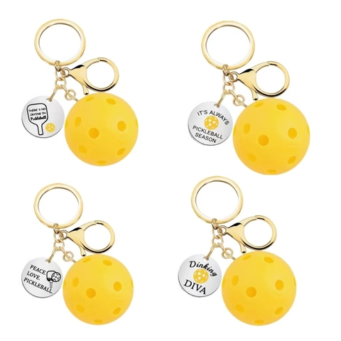 Pickleball Keychain Stainless Steel Metal And Plastic Sports Theme Yellow Ball Decorative Charm For Athletes Fans