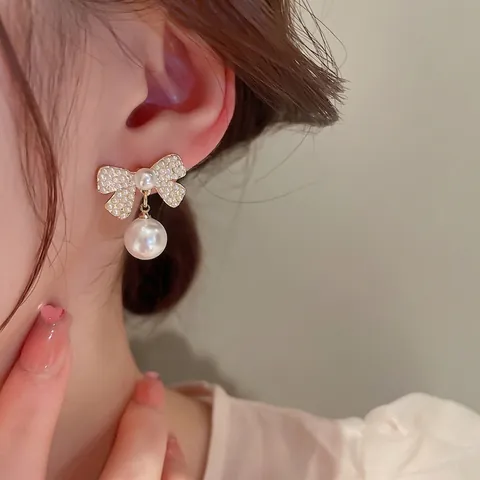 Boucles D'Oreilles Künstliche Perles Vintage Strass Noeud Coeur Lettre Avec Tige En Argent Sterling 925 Bijoux Français Pour Femmes