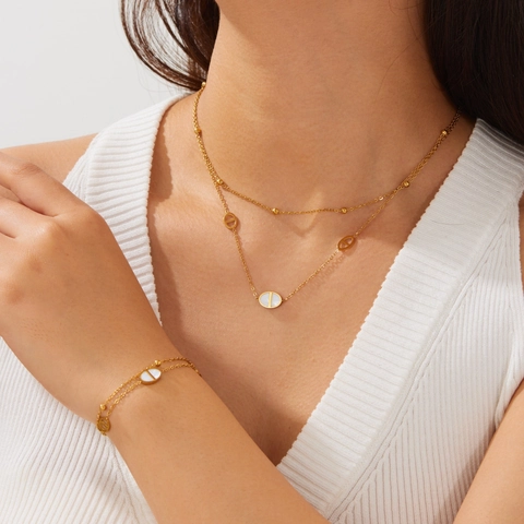 Stainless Steel Necklace And Bracelet White Shell Inlay Double Layer Hollow Oval Link Fashion For Women